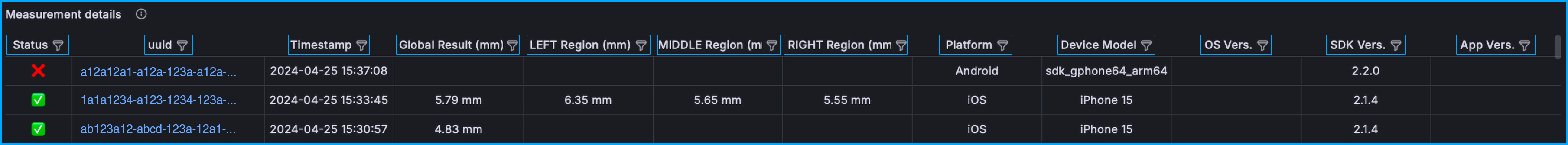 An image of the Panel Filters on the "Measurement Details" Panel