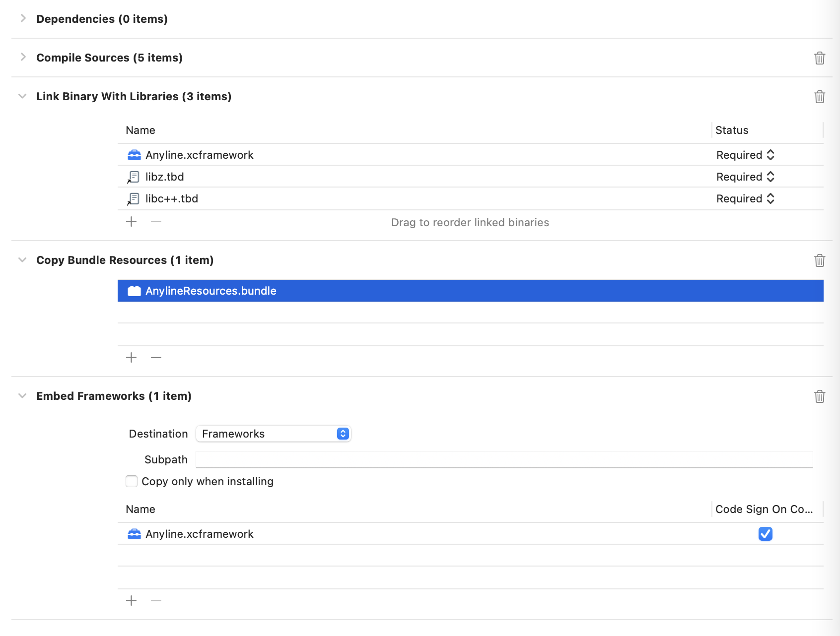 Linking the Framework to Your Application in the Build Phases Tab